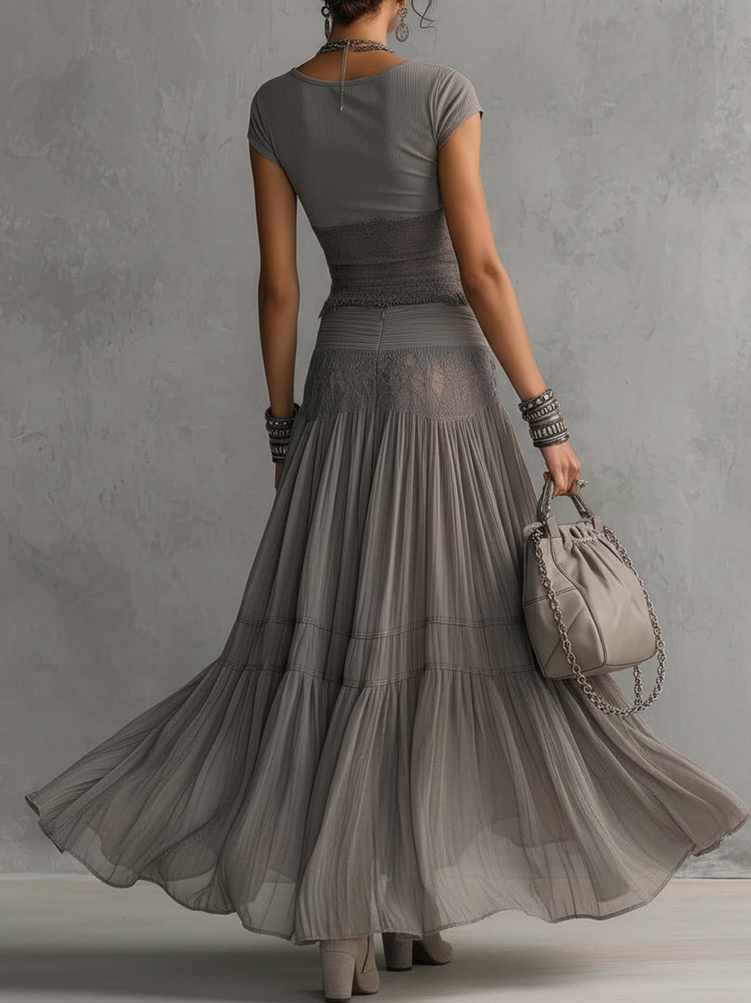 MARLEY | LACE-PANELED TOP AND PLEATED MAXI SKIRT SET