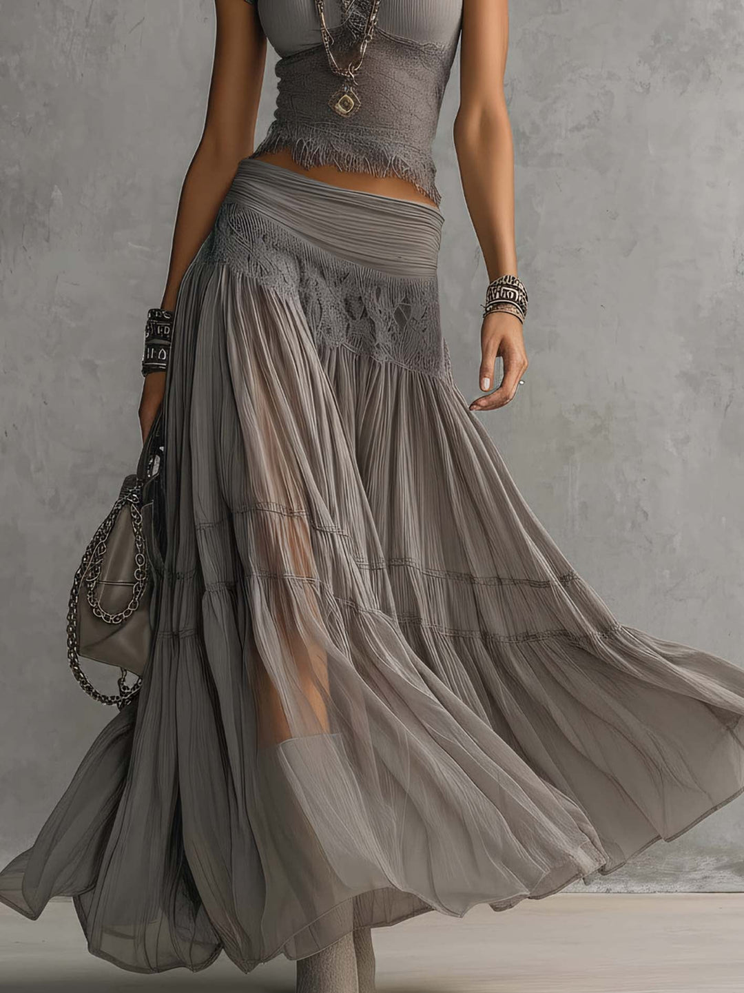 MARLEY | LACE-PANELED TOP AND PLEATED MAXI SKIRT SET