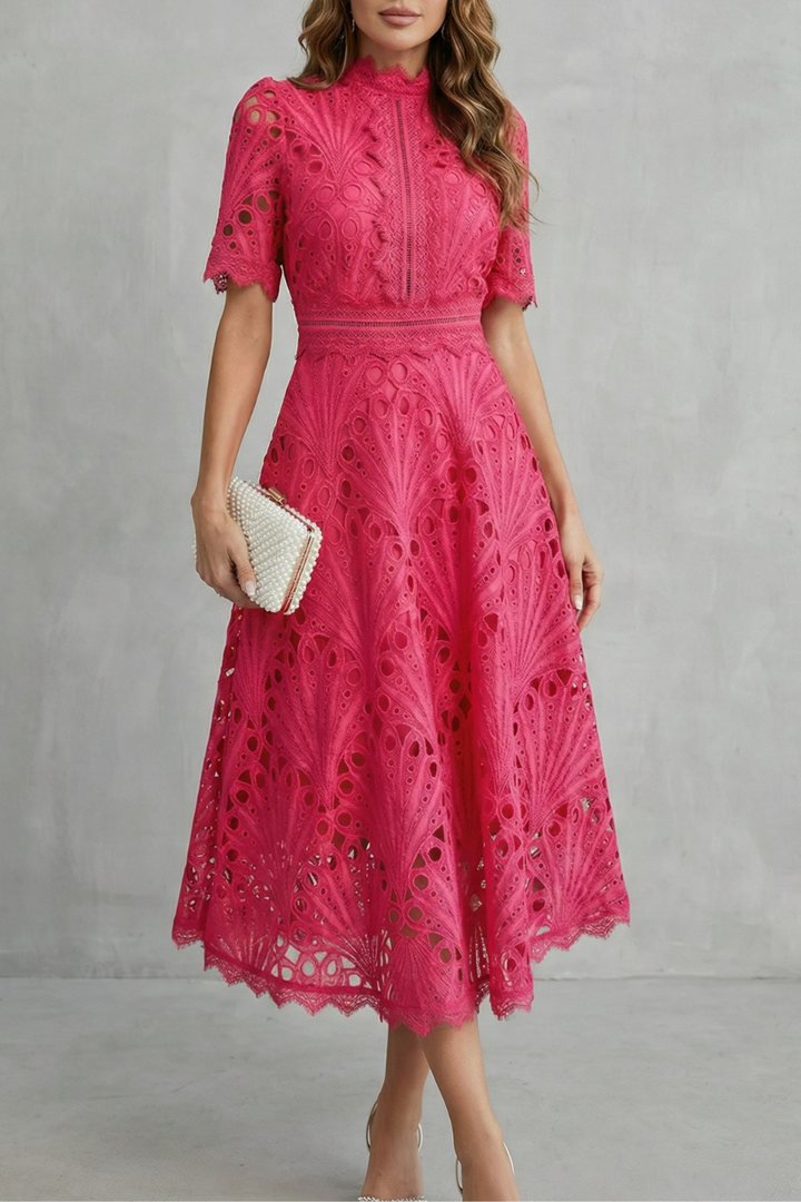 Charlisse™ | Lace Midi Dress with High Neckline & A-Line Skirt