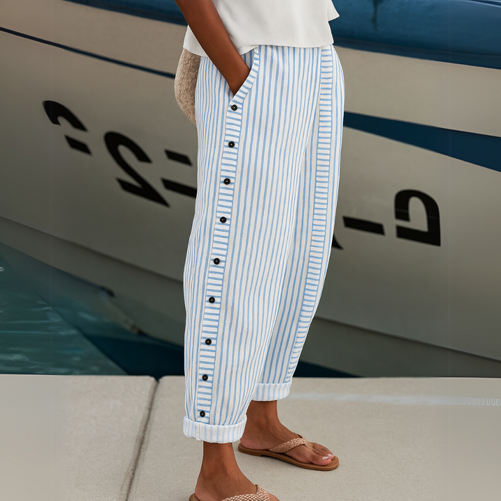 Cate™ | Striped Wide-Leg Pants with Button Side Detail