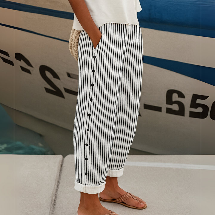 Cate™ | Striped Wide-Leg Pants with Button Side Detail