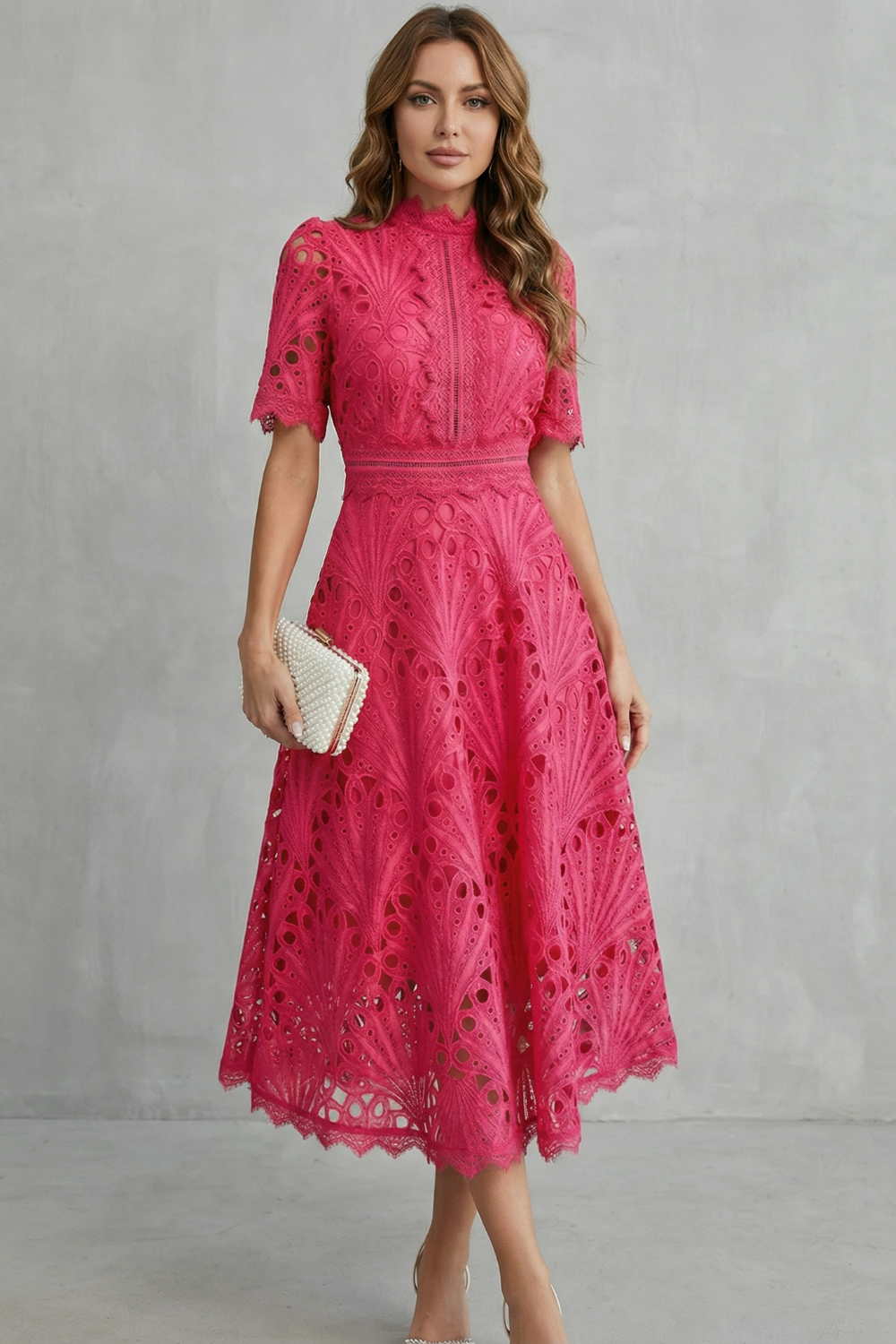 Charlisse™ | Lace Midi Dress with High Neckline & A-Line Skirt