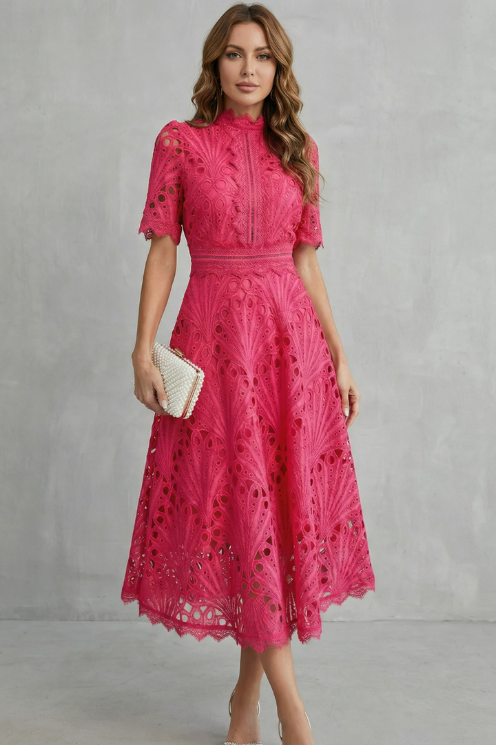 Charlisse™ | Lace Midi Dress with High Neckline & A-Line Skirt