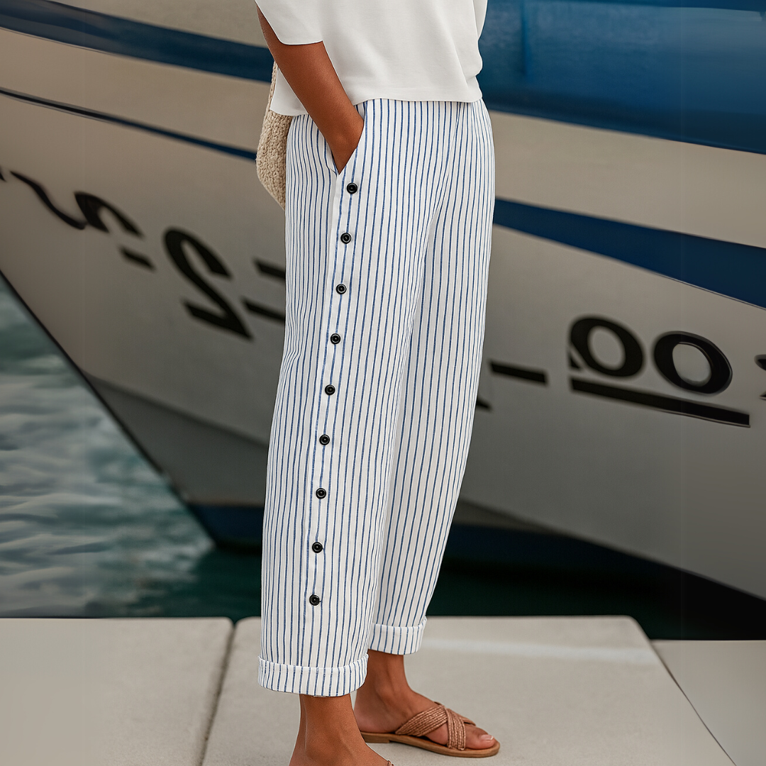Cate™ | Striped Wide-Leg Pants with Button Side Detail