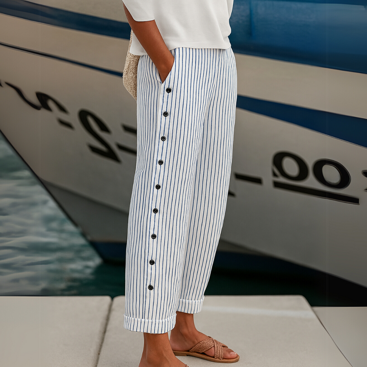 Cate™ | Striped Wide-Leg Pants with Button Side Detail