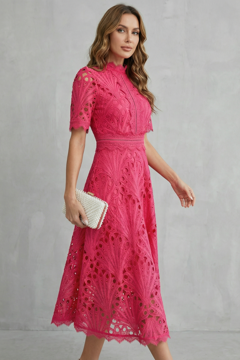 Charlisse™ | Lace Midi Dress with High Neckline & A-Line Skirt