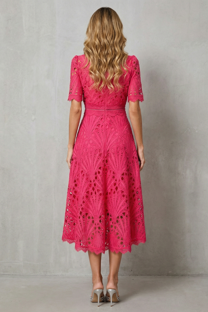 Charlisse™ | Lace Midi Dress with High Neckline & A-Line Skirt