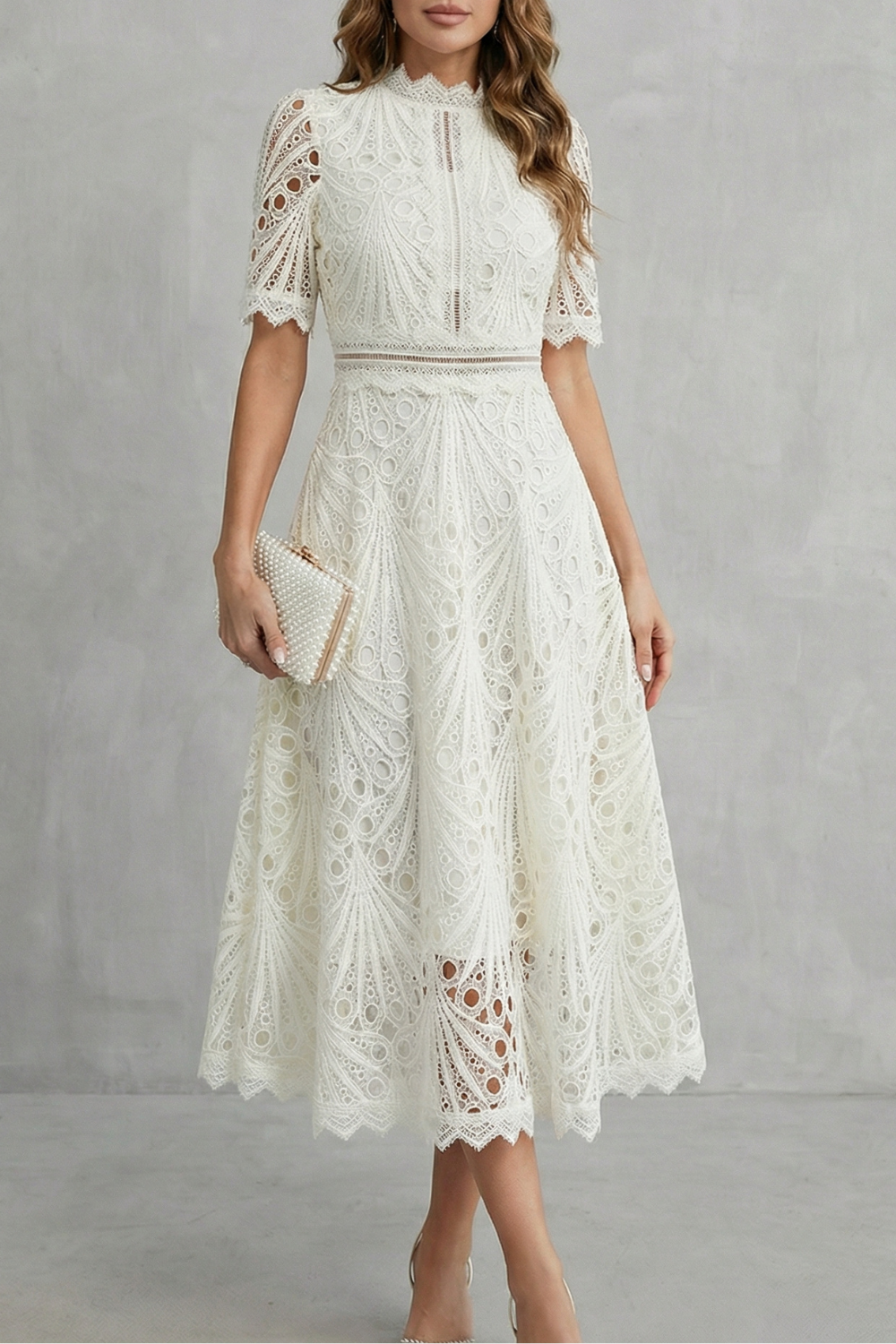 Charlisse™ | Lace Midi Dress with High Neckline & A-Line Skirt