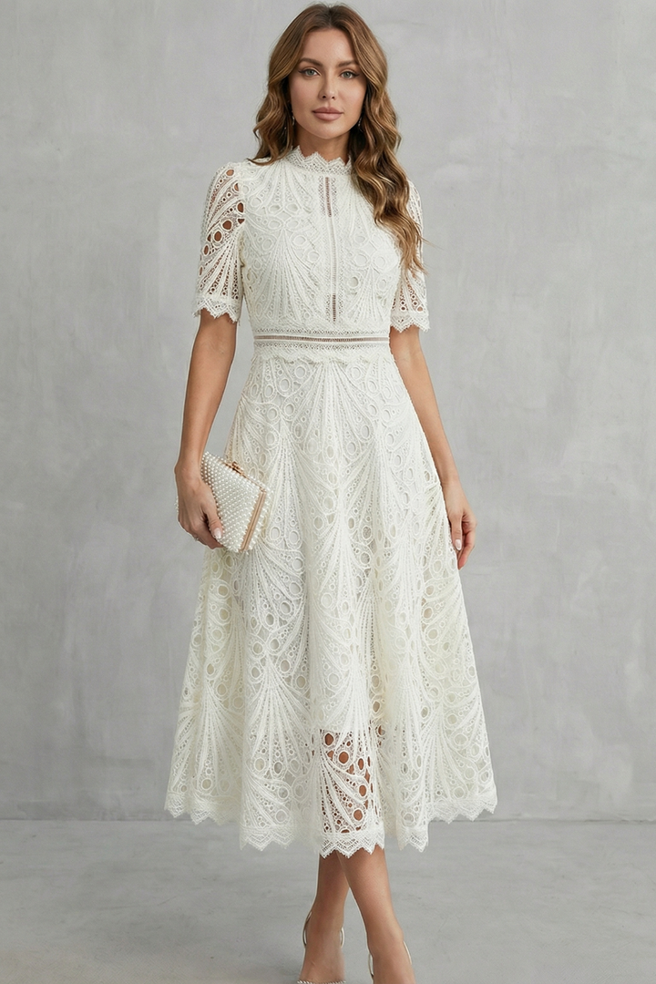 Charlisse™ | Lace Midi Dress with High Neckline & A-Line Skirt