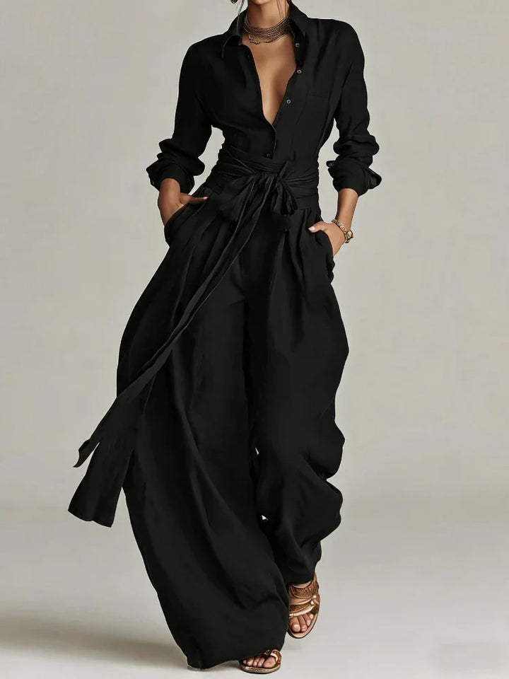 Marlène™ | Vintage Button-Up Shirt & Wide-Leg Trouser Set