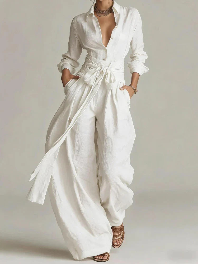 Marlène™ | Vintage Button-Up Shirt & Wide-Leg Trouser Set