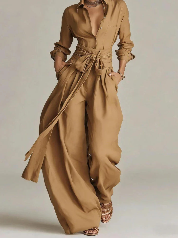 Marlène™ | Vintage Button-Up Shirt & Wide-Leg Trouser Set
