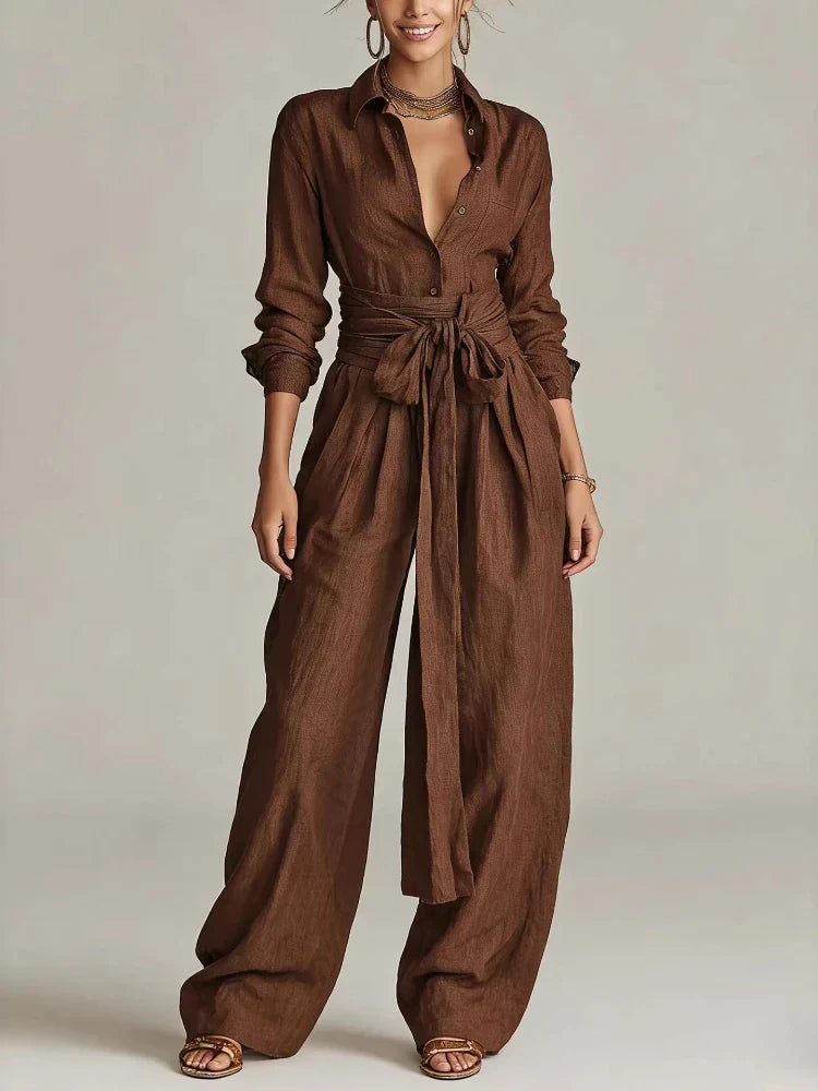 Marlène™ | Vintage Button-Up Shirt & Wide-Leg Trouser Set