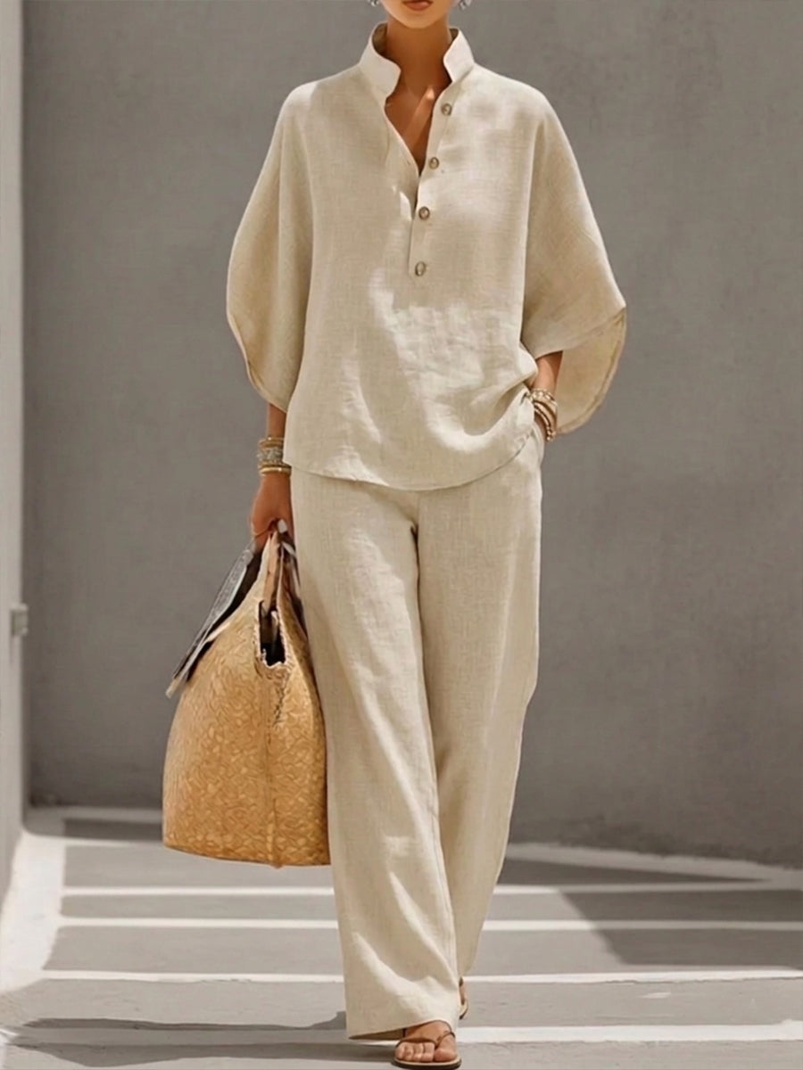 Marielle™ | Cotton Linen Set with Batwing Sleeves and Wide-Leg Pants