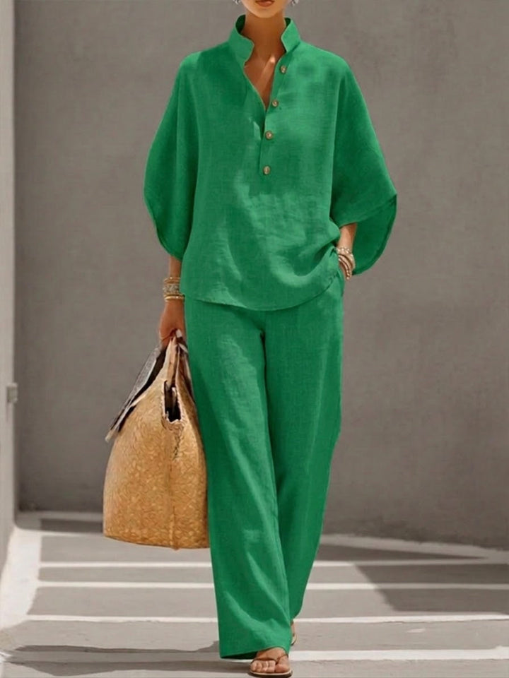 Marielle™ | Cotton Linen Set with Batwing Sleeves and Wide-Leg Pants