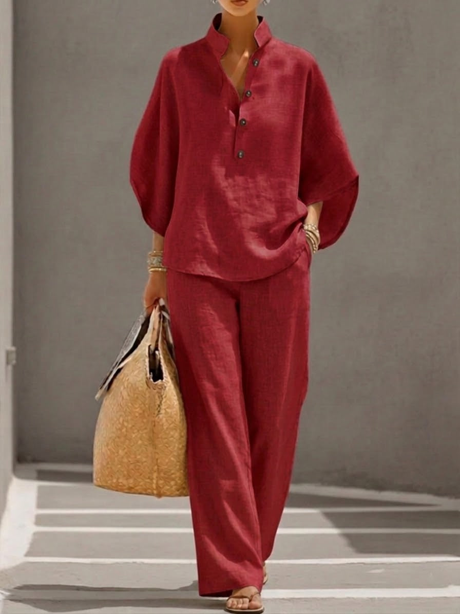 Marielle™ | Cotton Linen Set with Batwing Sleeves and Wide-Leg Pants