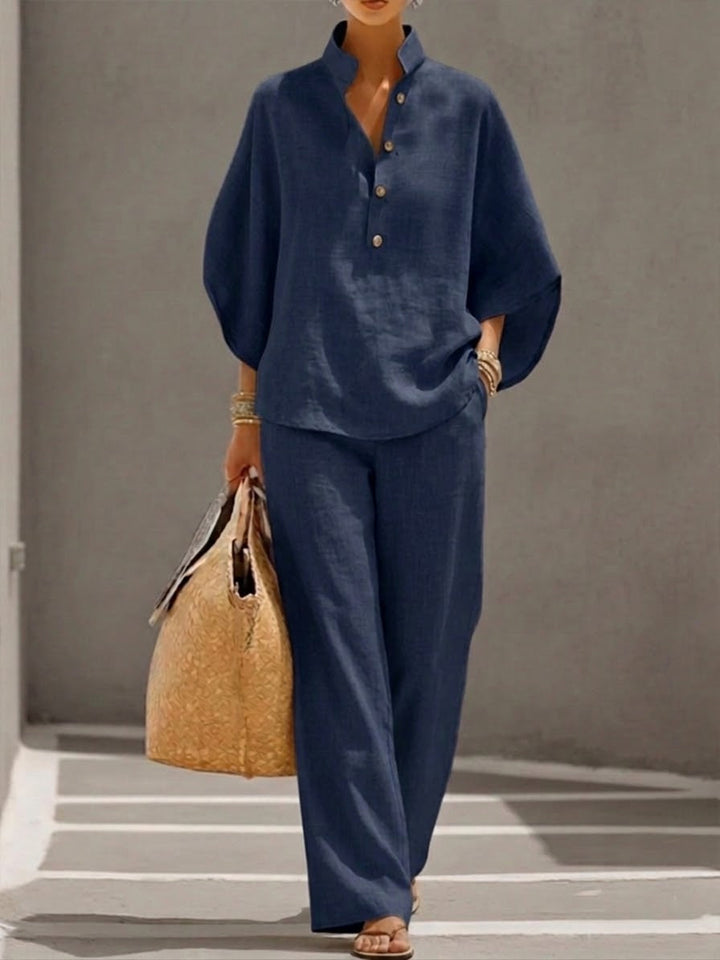 Marielle™ | Cotton Linen Set with Batwing Sleeves and Wide-Leg Pants