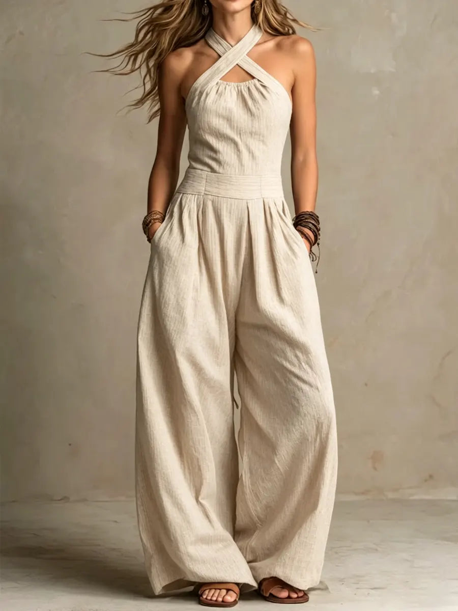 Bianca — Linen and Cotton Jumpsuit with Elegant Crossed Neckline