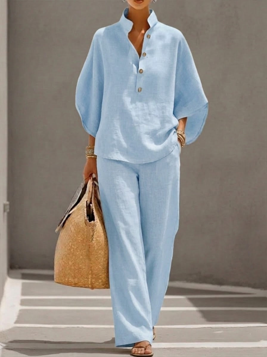Marielle™ | Cotton Linen Set with Batwing Sleeves and Wide-Leg Pants