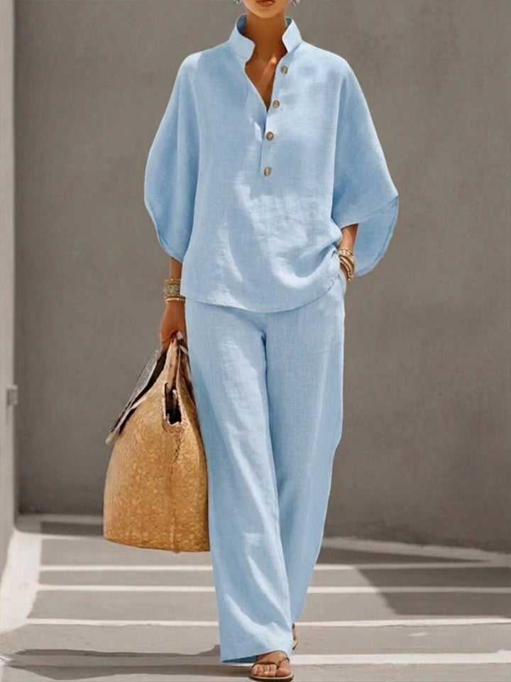 Marielle™ | Cotton Linen Set with Batwing Sleeves and Wide-Leg Pants