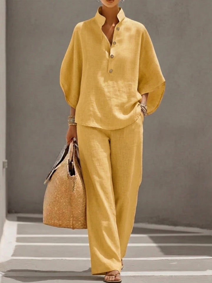 Marielle™ | Cotton Linen Set with Batwing Sleeves and Wide-Leg Pants