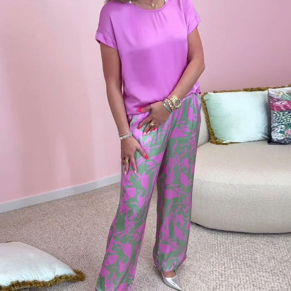 Malika - 2-Piece Set: Top &amp; Wide Printed Pants