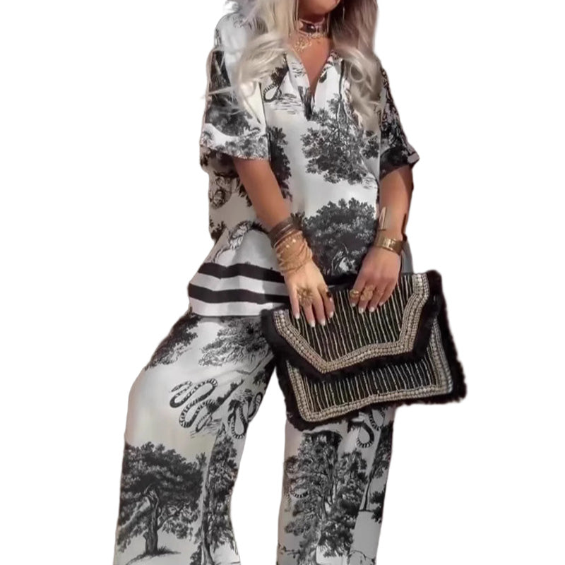 Oralys - Women's Casual Set with Printed V-Neck Top and Long Pants